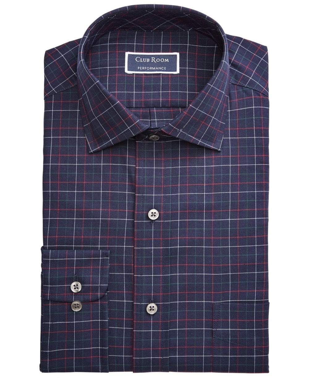 Club Room Men's Navy Check Collared Classic Fit Wrinkle Resistant Dress Shirt Blue Size 17.5X32-33