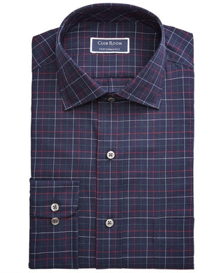 Club Room Men's Navy Check Collared Classic Fit Wrinkle Resistant Dress Shirt Blue Size 17.5X32-33