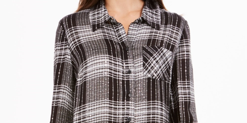 Style & Co Women's Sparkle Plaid Shirt Black Size Medium