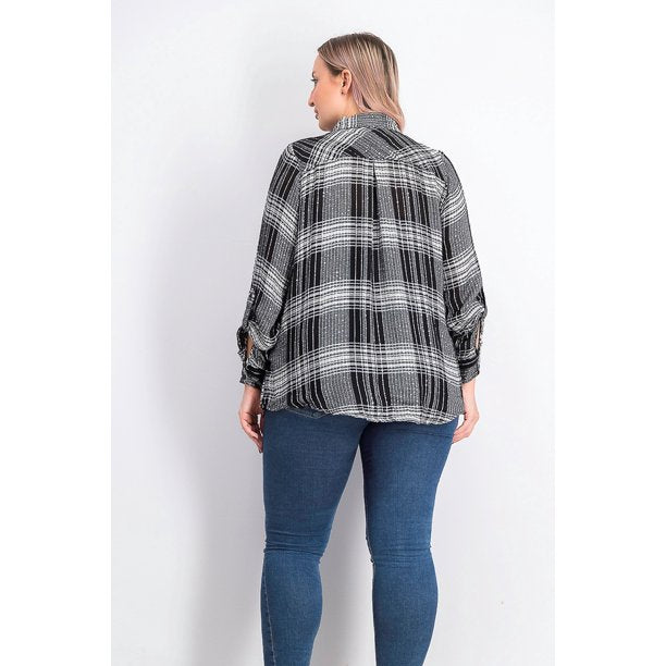 Style & Co Women's Sparkle Plaid Shirt Black Size Small