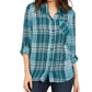 Style & Co Women's Sparkle Plaid Shirt  Green Size X-Small