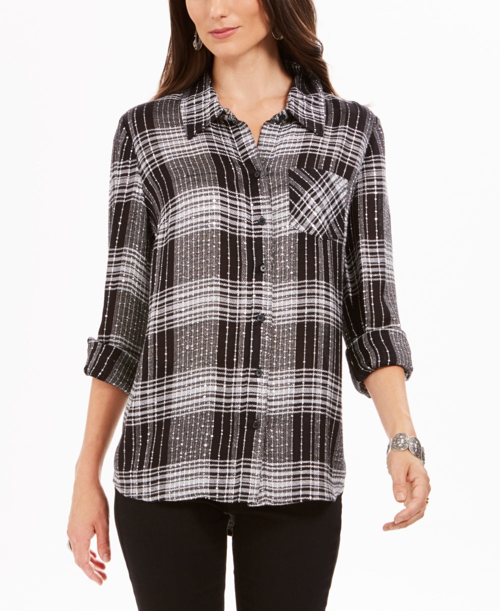 Style & Co Women's Sequined Plaid Shirt Black Size Petite Small