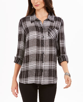 Style & Co Women's Sequined Plaid Shirt Black Size Petite Small