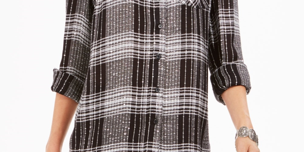 Style & Co Women's Sequined Plaid Shirt Black Size Petite Small