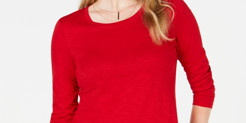 Style & Co Women's Long-Sleeve Crewneck Top Red Size Small