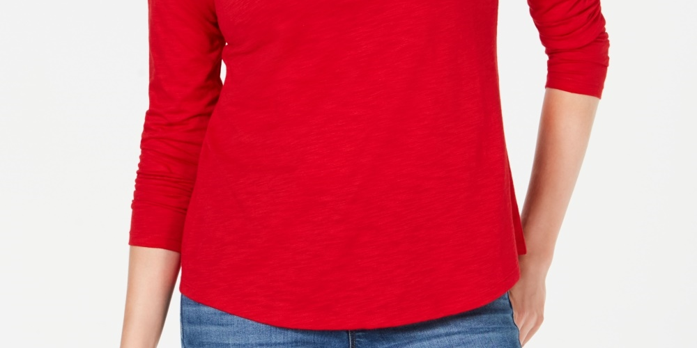 Style & Co Women's Long-Sleeve Crewneck Top Red Size Small