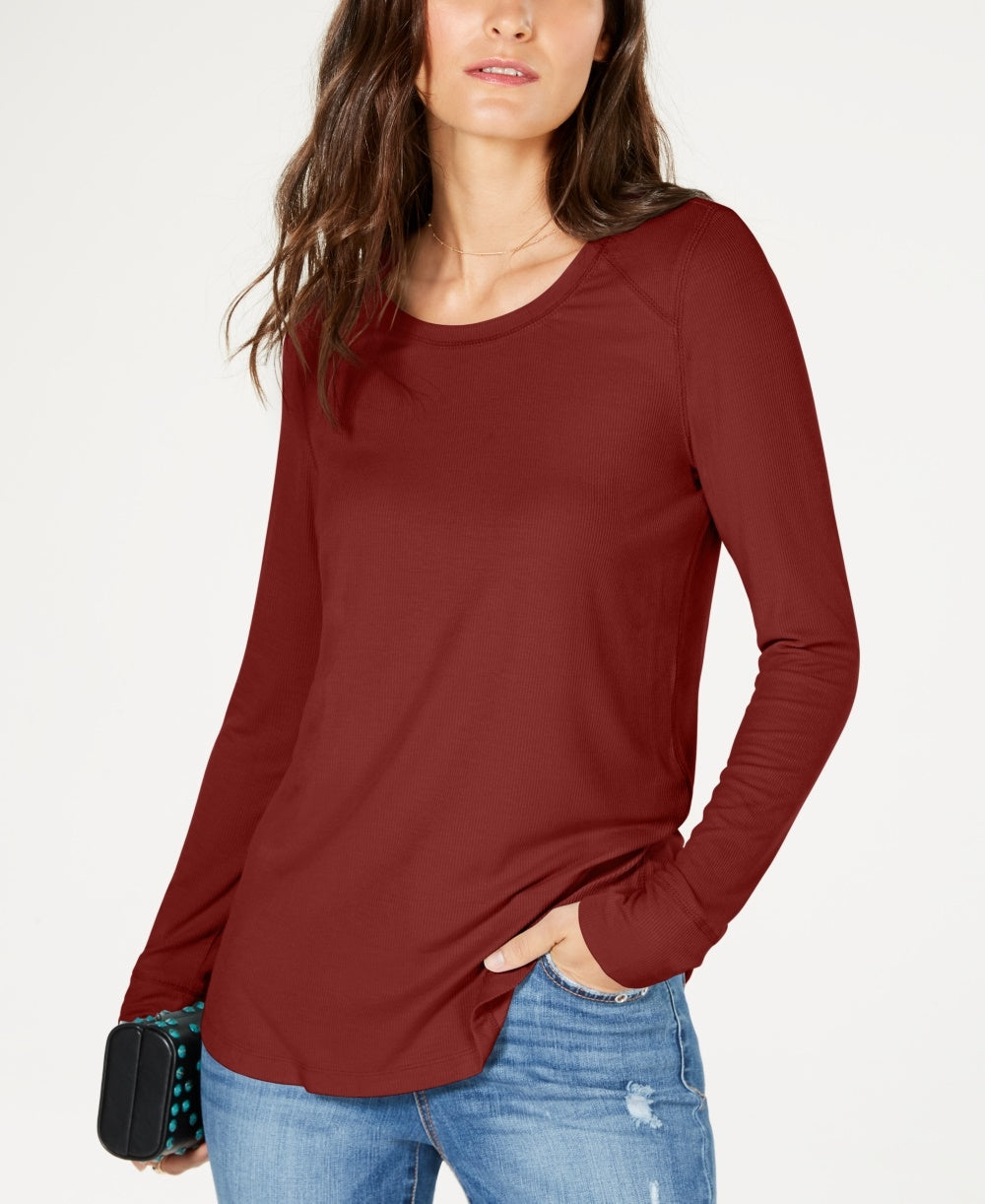 INC International Concepts Women's Ribbed Long-Sleeve T-Shirt Red Size Small