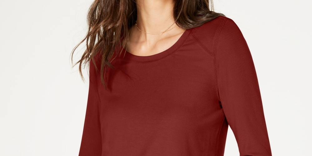 INC International Concepts Women's Ribbed Long-Sleeve T-Shirt Red Size Small