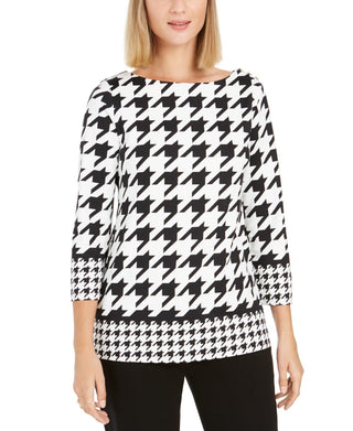 Charter Club Women's Houndstooth 3/4 Sleeve Top Black Size Small