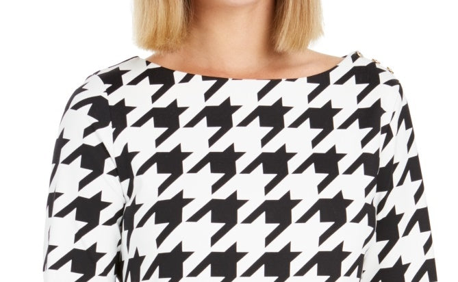 Charter Club Women's Houndstooth 3/4 Sleeve Top Black Size Small