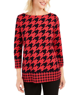 Charter Club Women's Houndstooth 3/4 Sleeve Top Red Size Large