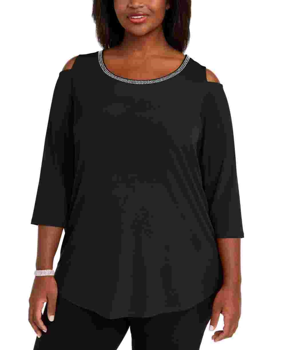 JM Women's Collection Plus Size Diamonte-Trim Cold-Shoulder Tunic Black Size 0X