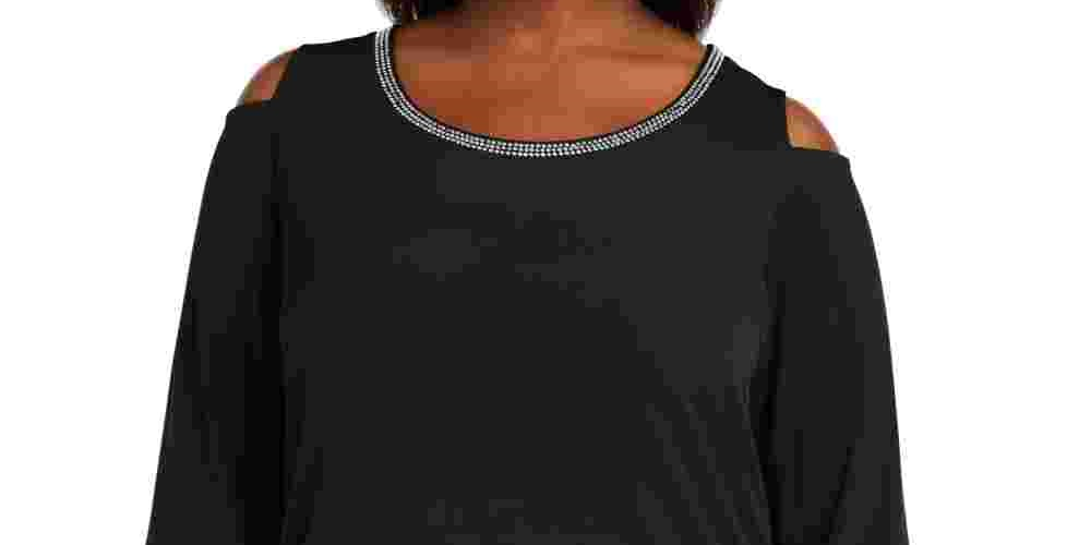 JM Women's Collection Plus Size Diamonte-Trim Cold-Shoulder Tunic Black Size 0X