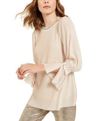 Alfani Women's Textured-Stripes Embellished-Neck Top Beige Size Small