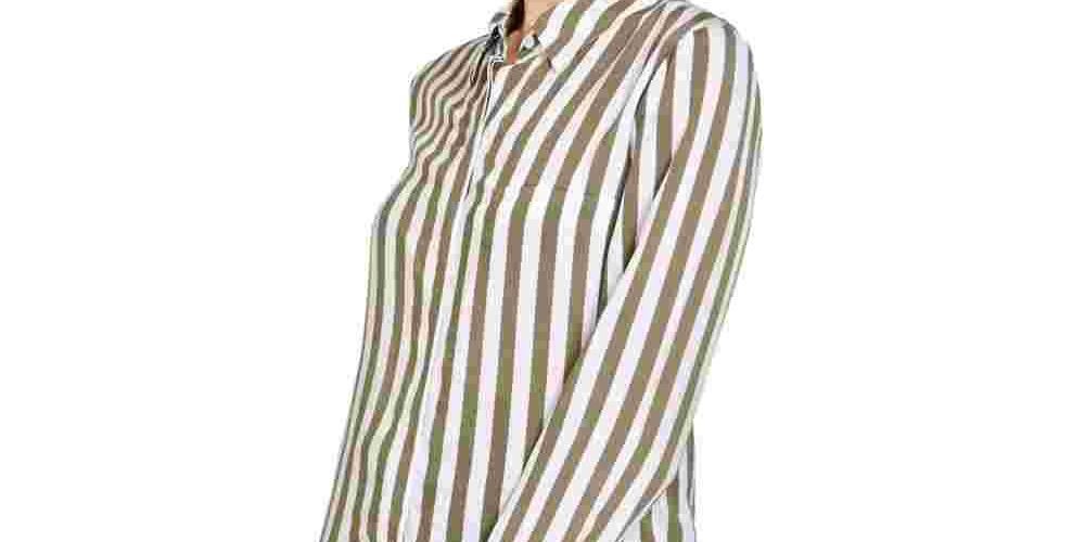 INC International Concepts Women's Striped Button Down Shirt Green Size Small