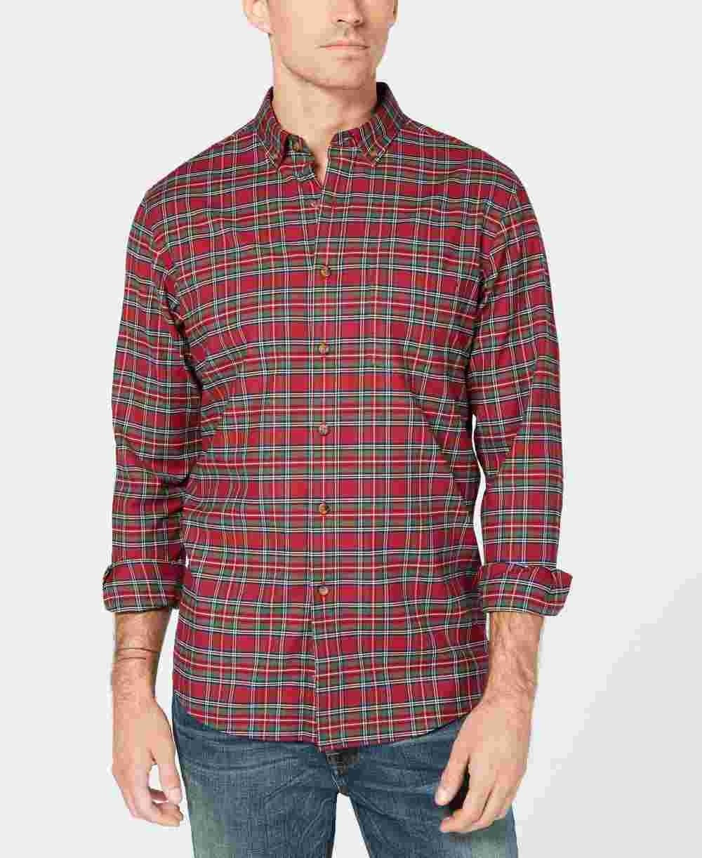 Club Room Men's Maxwell Tartan Performance Button Down Shirt Red Size Small