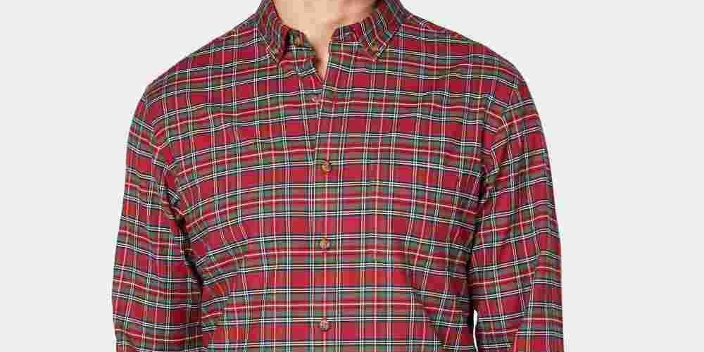 Club Room Men's Maxwell Tartan Performance Button Down Shirt Red Size Small
