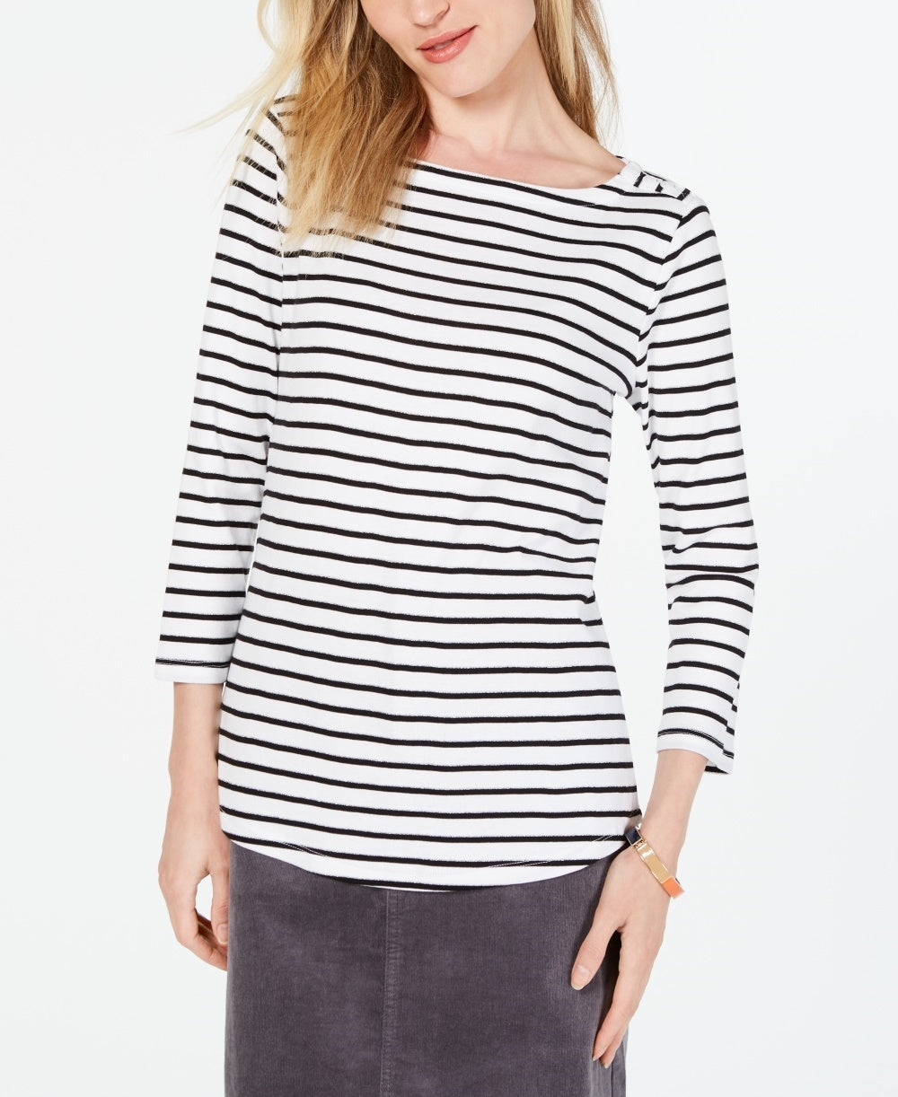 Charter Club Women's Pima Cotton Button Shoulder Stripe Top White Size Small