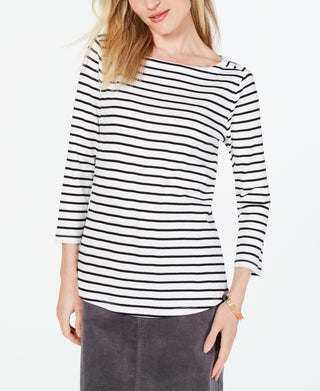Charter Club Women's Pima Cotton Button Shoulder Stripe Top White Size Small
