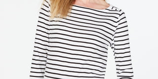 Charter Club Women's Pima Cotton Button Shoulder Stripe Top White Size Small