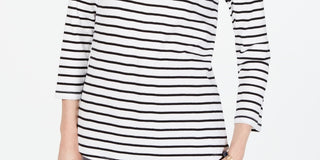 Charter Club Women's Pima Cotton Button Shoulder Stripe Top White Size Small