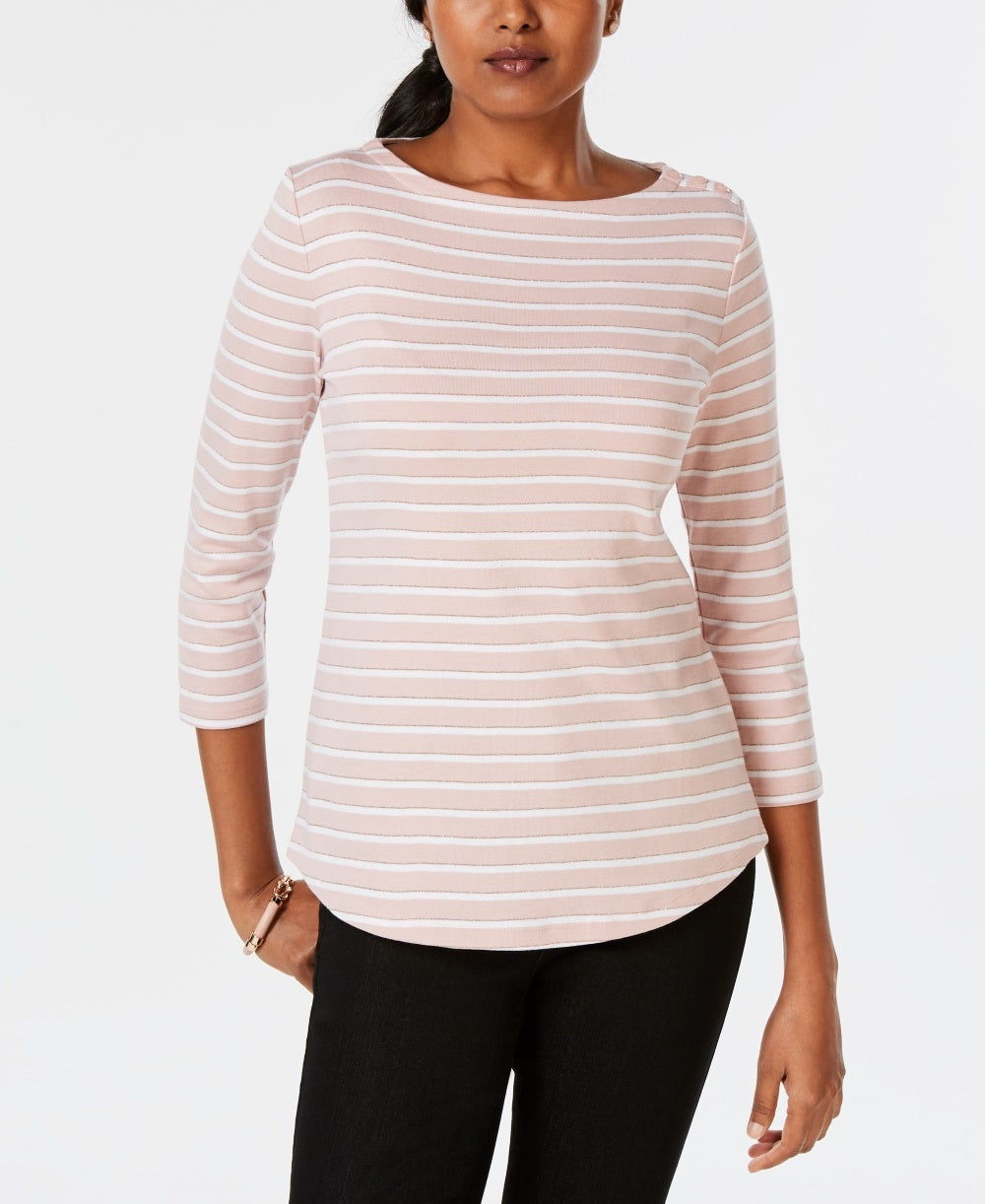 Charter Club Women's Pima Cotton Button Shoulder Striped Top Pink Size Petite X-Large