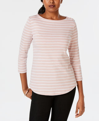 Charter Club Women's Pima Cotton Button Shoulder Striped Top Pink Size Petite X-Large