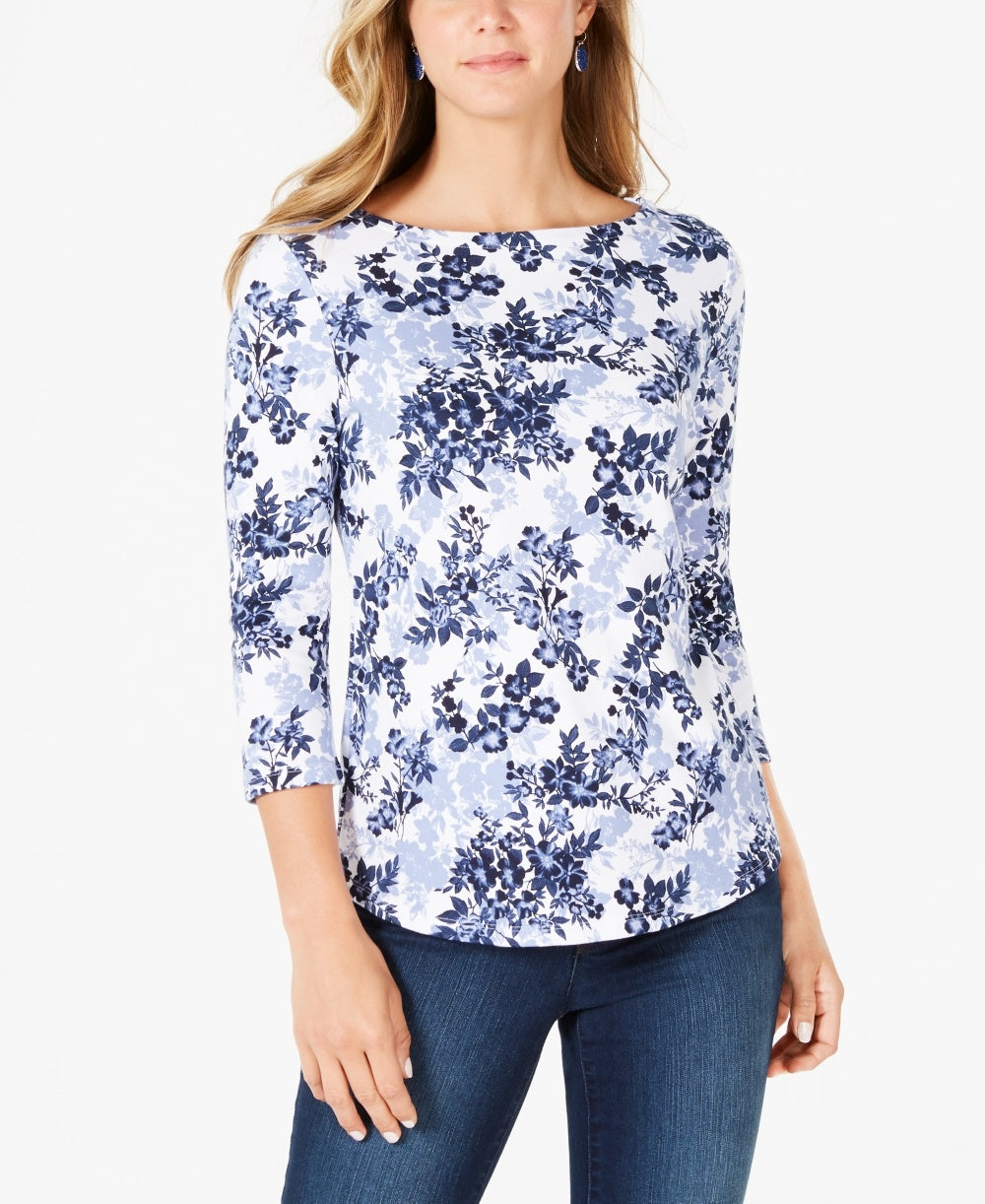 Charter Club Women's Petite Pima Cotton Button-Shoulder Print Top White Size Petite Small