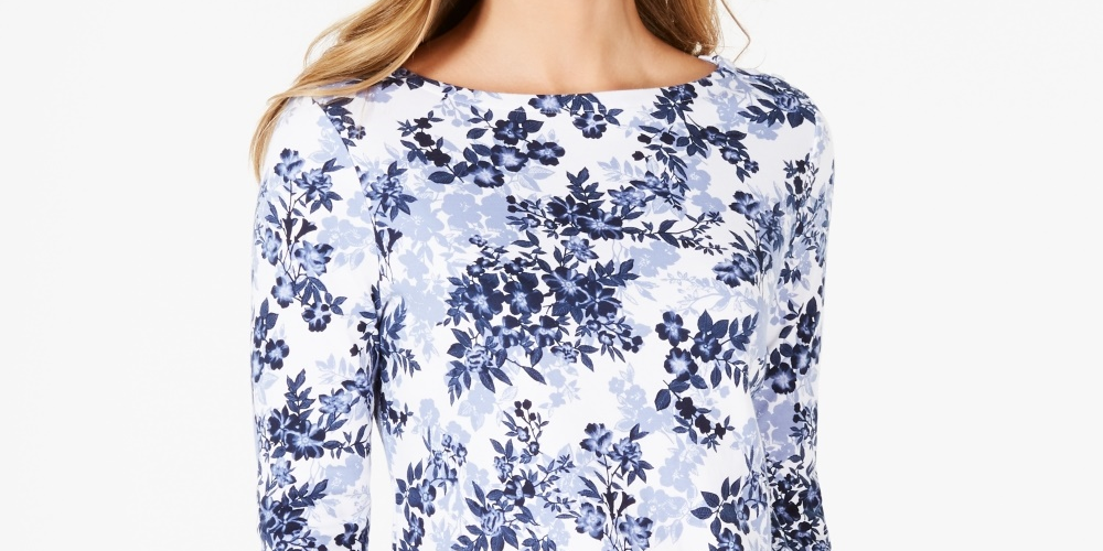 Charter Club Women's Petite Pima Cotton Button-Shoulder Print Top White Size Petite Small