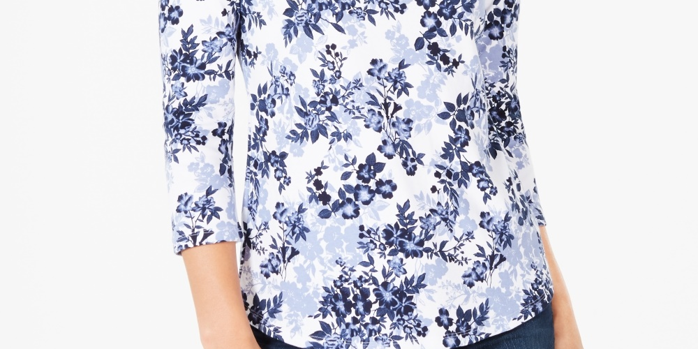 Charter Club Women's Petite Pima Cotton Button-Shoulder Print Top White Size Petite Small
