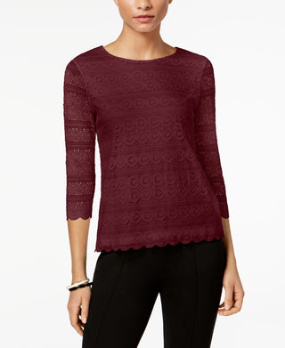 Charter Club Women's Petite Lace 3/4-Sleeve Top  Wine Size Petite