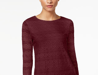 Charter Club Women's Petite Lace 3/4-Sleeve Top  Wine Size Petite