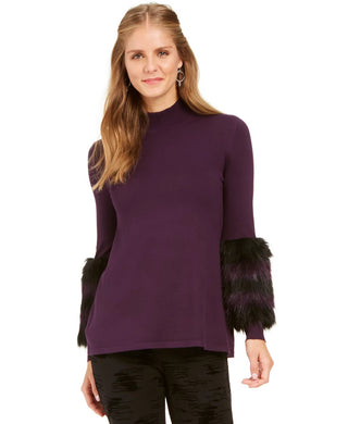 Alfani Women's Faux Fur Trim Sweater Purple Size Petite Small