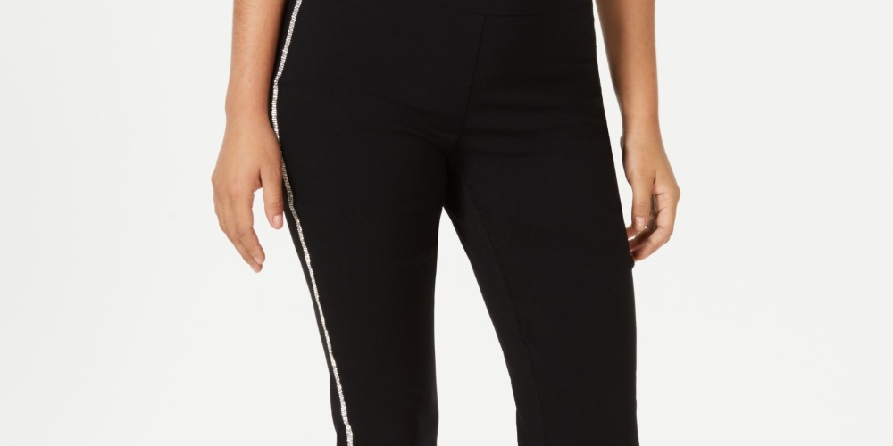 JM Collection Women's Petite Side-Striped Tummy-Control Pants Black Size Petite X-Large