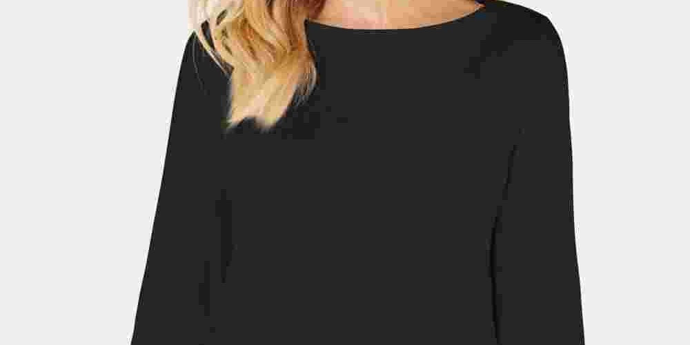 Karen Scott Women's Cotton Boat-Neck 3/4-Sleeve Knit Top Black Size Small