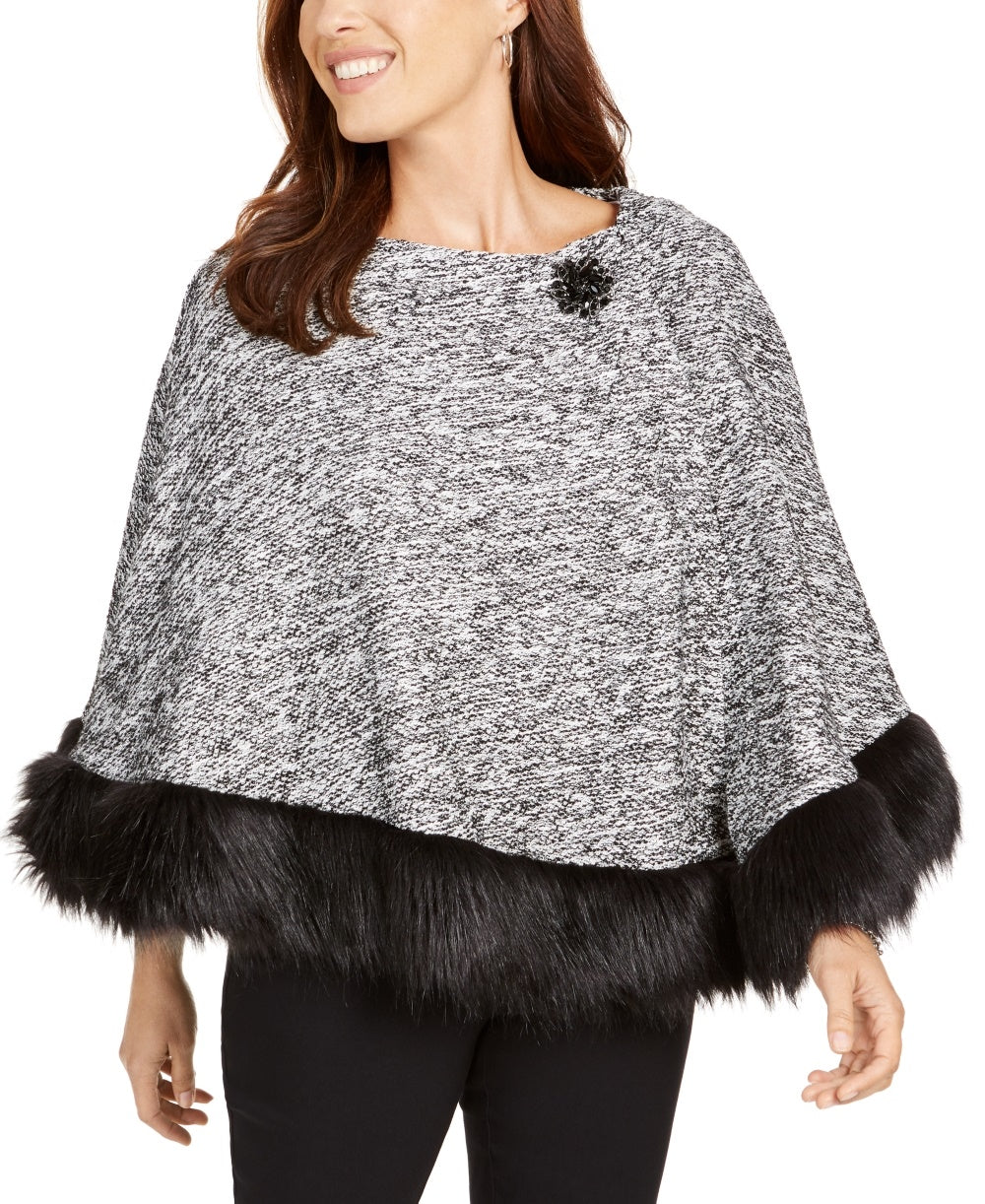 JM Collection Women's Faux Fur Trim Poncho Black Size Petite Small