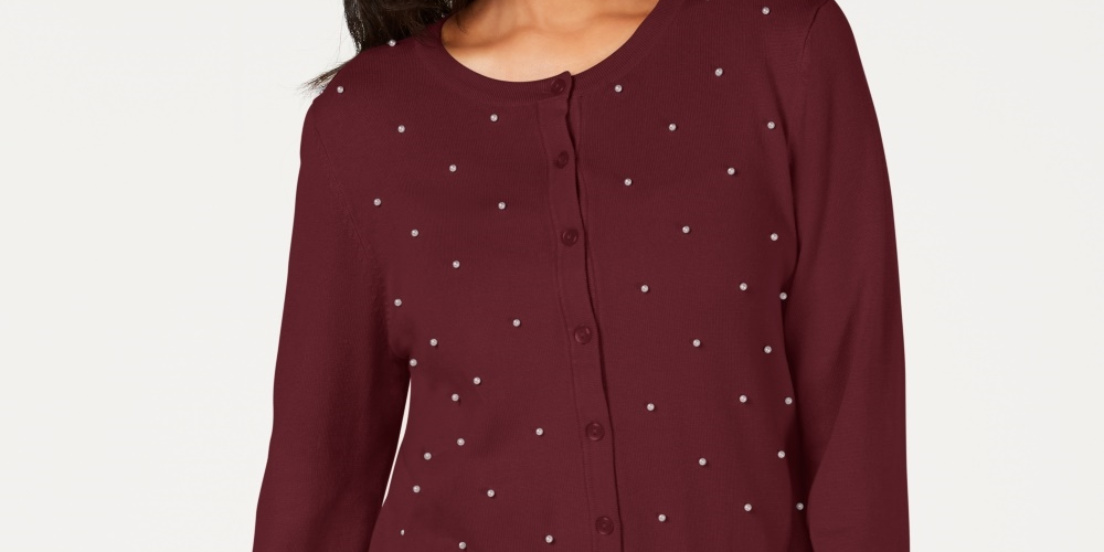Charter Club Women's Pearl Embellished Button-Down Cardigan Wine Size Medium