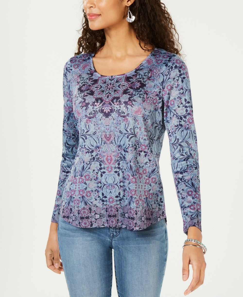 Style & Co Women's Cotton Floral Print Top Blue Size X-Small