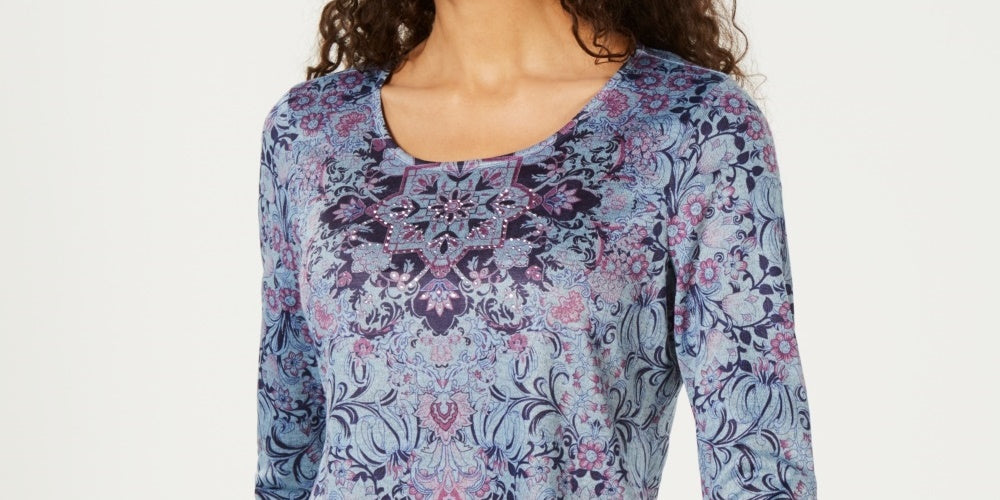 Style & Co Women's Cotton Floral Print Top Blue Size X-Small