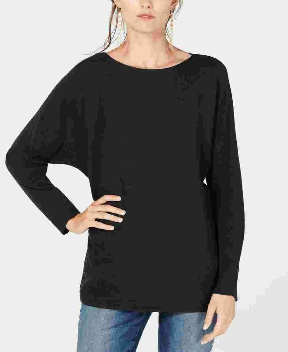 INC International Concepts Women's Ribbed Ribbed Knit Dolman Sleeve Jewel Neck Sweater Black Size Small