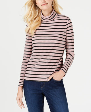 Charter Club Women's Ribbed Striped Turtleneck Pink Size X-Small