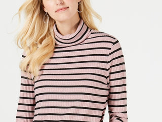 Charter Club Women's Ribbed Striped Turtleneck Pink Size X-Small