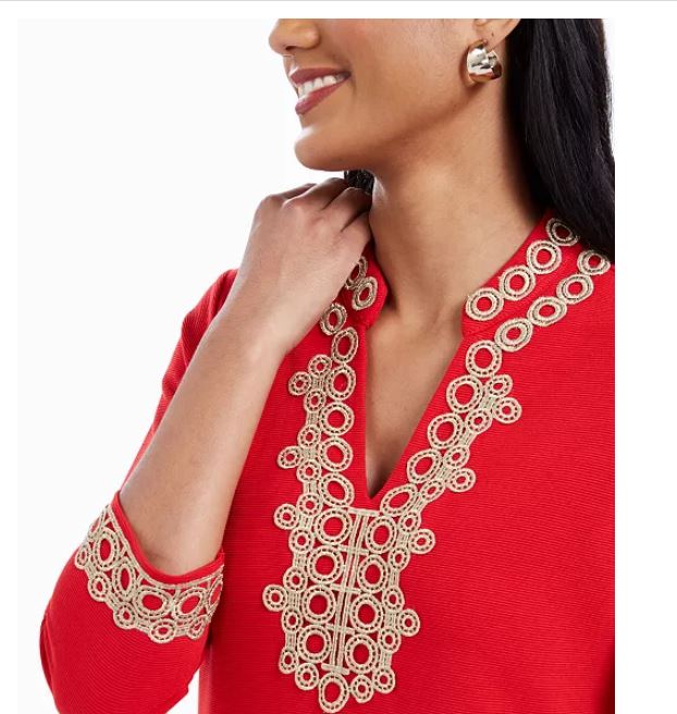 Charter Club Women's 3/4 Sleeve Textured Tunic Red Size Petite Small