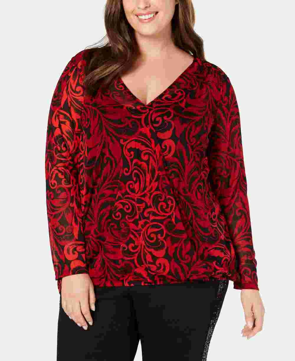 INC International Concepts Women's Blouse Surplice Scroll Print Sheer Illusion Red Size 0X