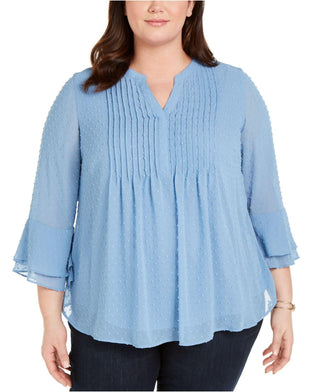 Charter Club Women's Double-Ruffle Textured Pintuck Top Blue Size Medium