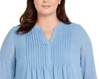 Charter Club Women's Double-Ruffle Textured Pintuck Top Blue Size Medium