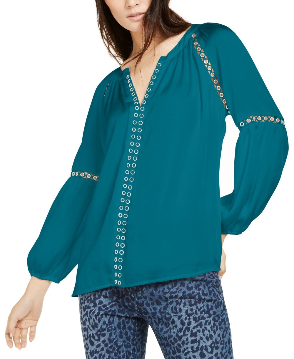 INC International Concepts Women's Grommet-Trim Peasant Blouse Green Size X-Small