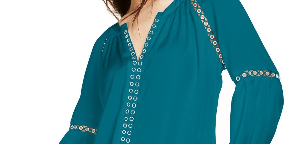 INC International Concepts Women's Grommet-Trim Peasant Blouse Green Size X-Small