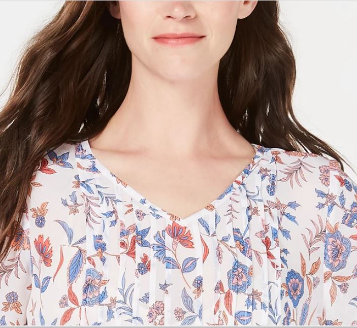 Style & Co Women's Retro Scarf Print Pintuck Pleat Top Navy Size Medium