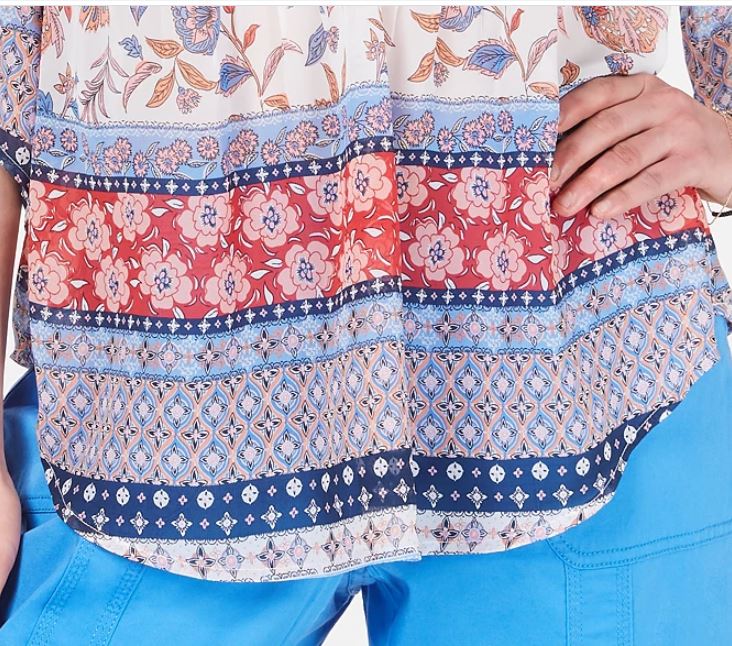 Style & Co Women's Retro Scarf Print Pintuck Pleat Top Navy Size Medium